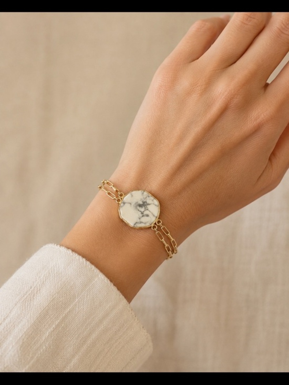 Gold Tone White Marble Look Hexagon Double Chain Adjustable Bracelet